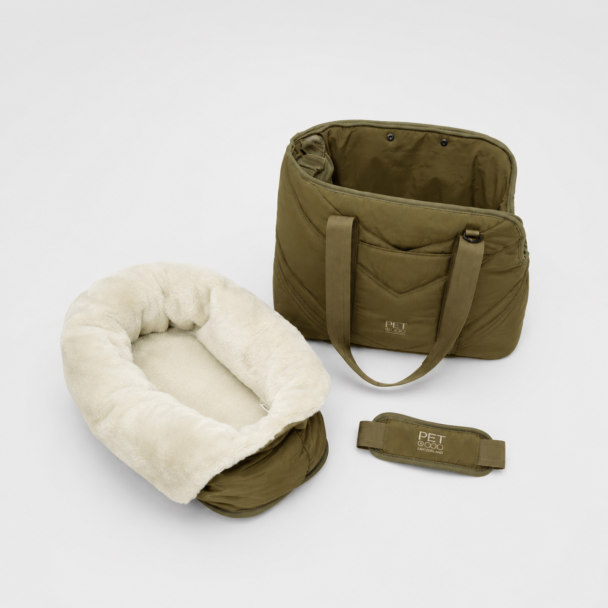 Lola Luxury Dog Bag – Olive, Set mit Kissen und Zubehör