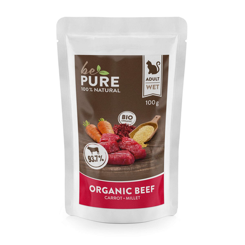 bePure Organic Beef Nassfutter für Katzen – 100g Pouch, Bio Rind mit Karotten & Hirse