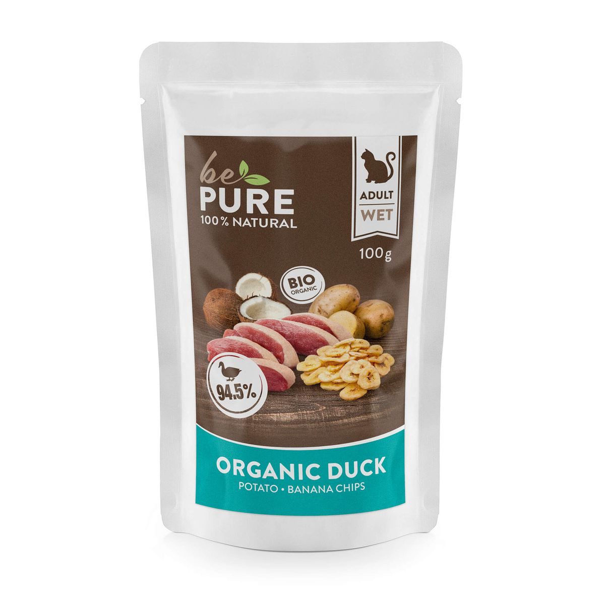bePure Organic Duck Nassfutter für Katzen – 100g Pouch, Bio Ente mit Kartoffeln & Bananenchips