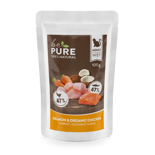 bePure Salmon & Organic Chicken Nassfutter für Katzen – 100g Pouch, Adult Wet