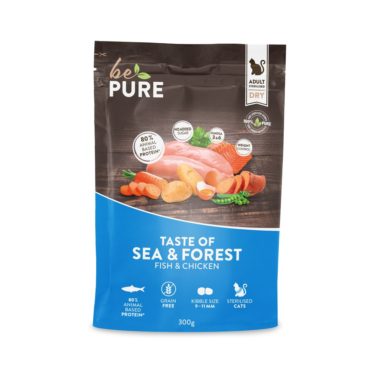 bePure Sterilised Taste of Sea & Forest – Fish & Chicken Trockenfutter für Katzen, 300g