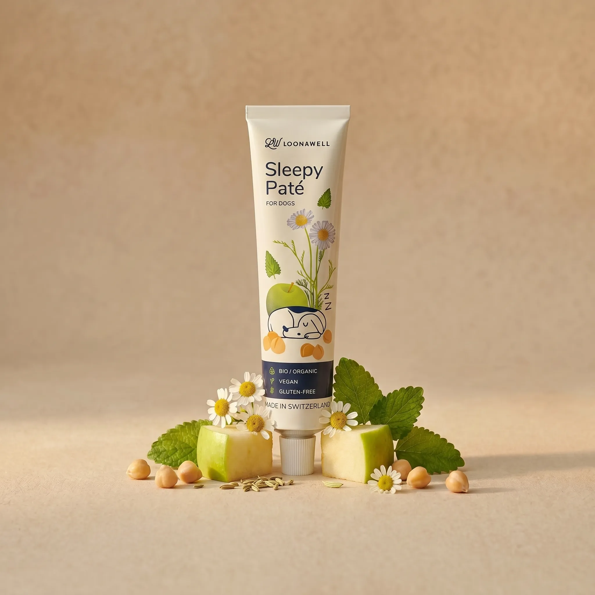 Loonawell Sleepy Paté for Dogs – Tube mit Zutaten: Äpfel, Kamille, Fenchel, Melisse, Kichererbsen