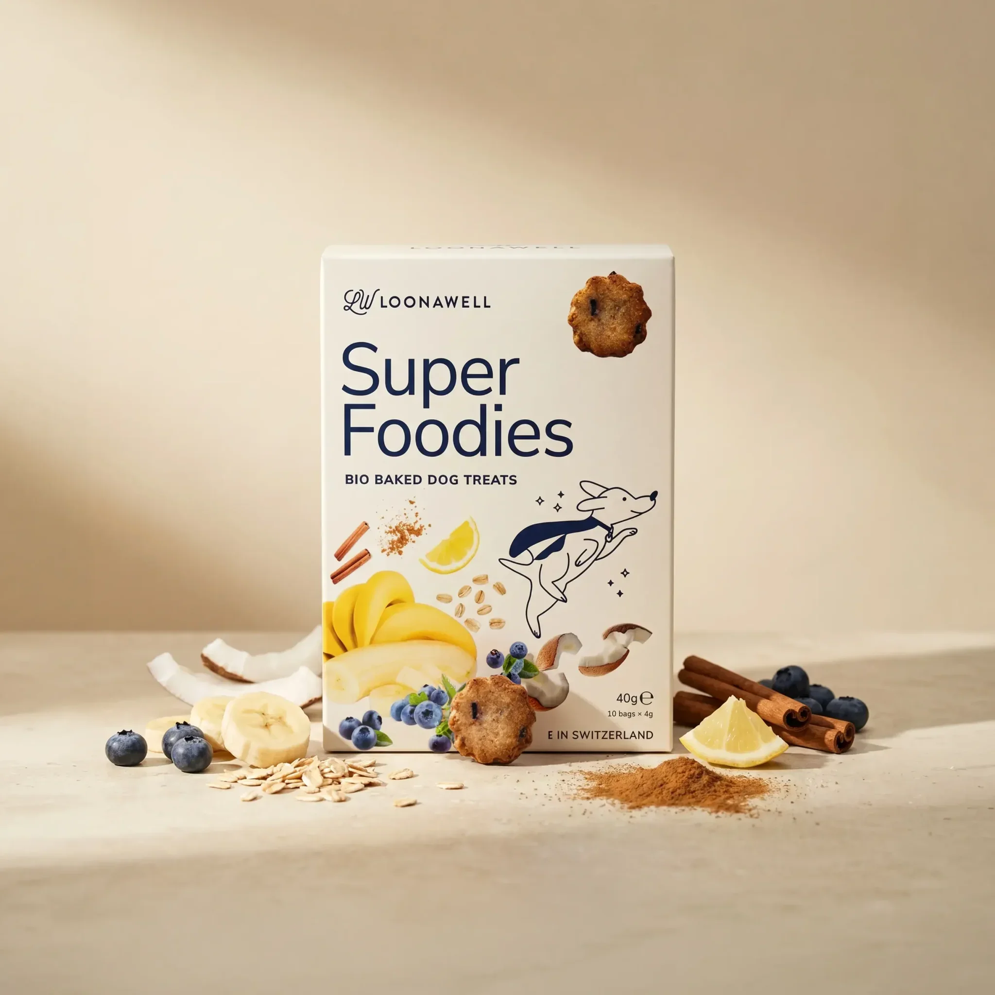 Loonawell Super Foodies Bio Baked Dog Treats – Box mit Zutaten: Banane, Blaubeeren, Hafer, Kokosnuss, Zimt