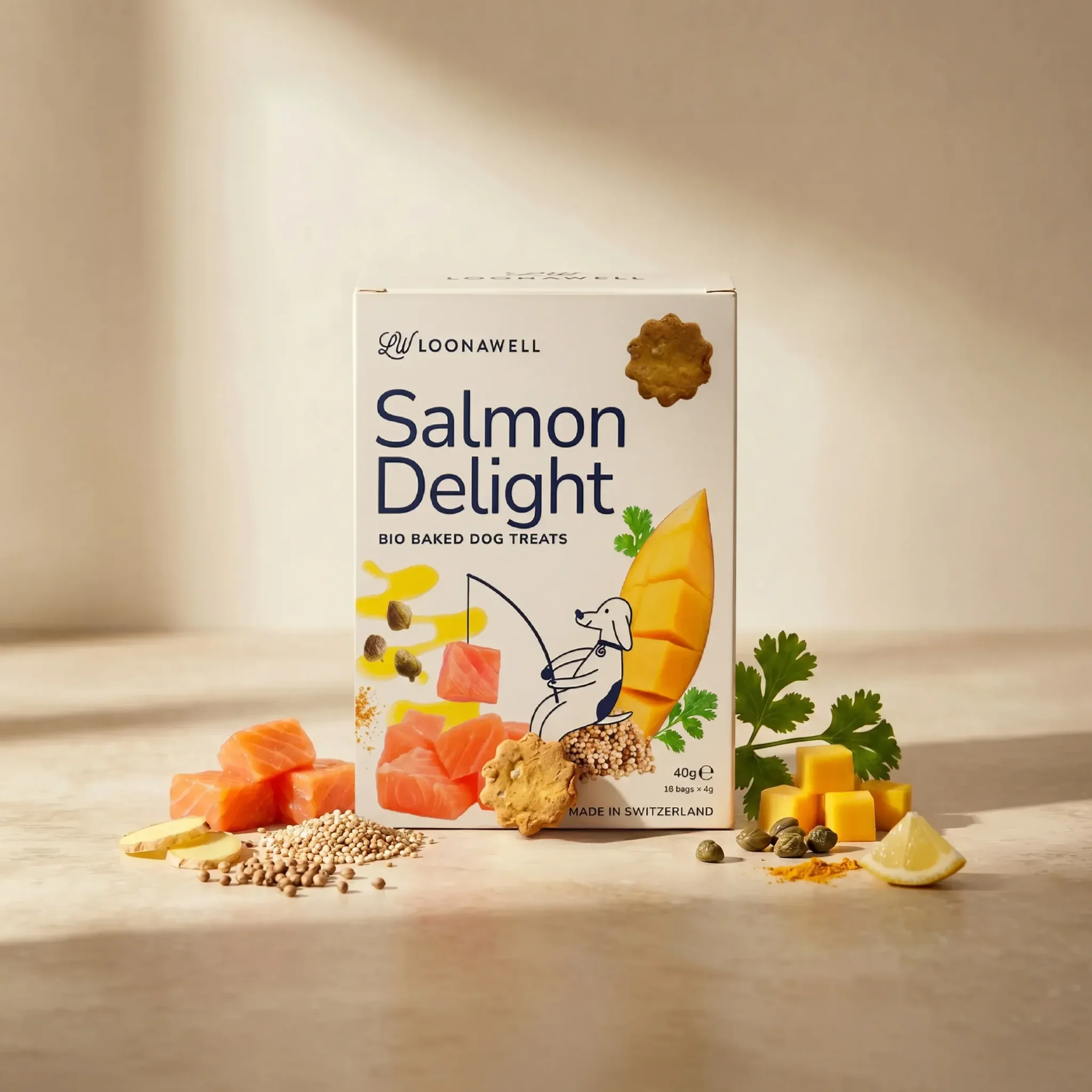Loonawell Salmon Delight Bio Baked Dog Treats – Box mit Zutaten: Lachs, Mango, Ingwer, Koriander, Kapern