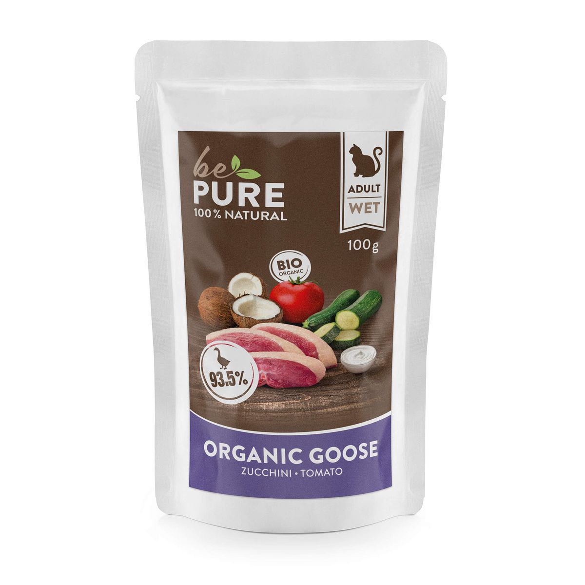 bePure Organic Goose Nassfutter für Katzen – 100g Pouch, Bio Gans mit Zucchini & Tomate