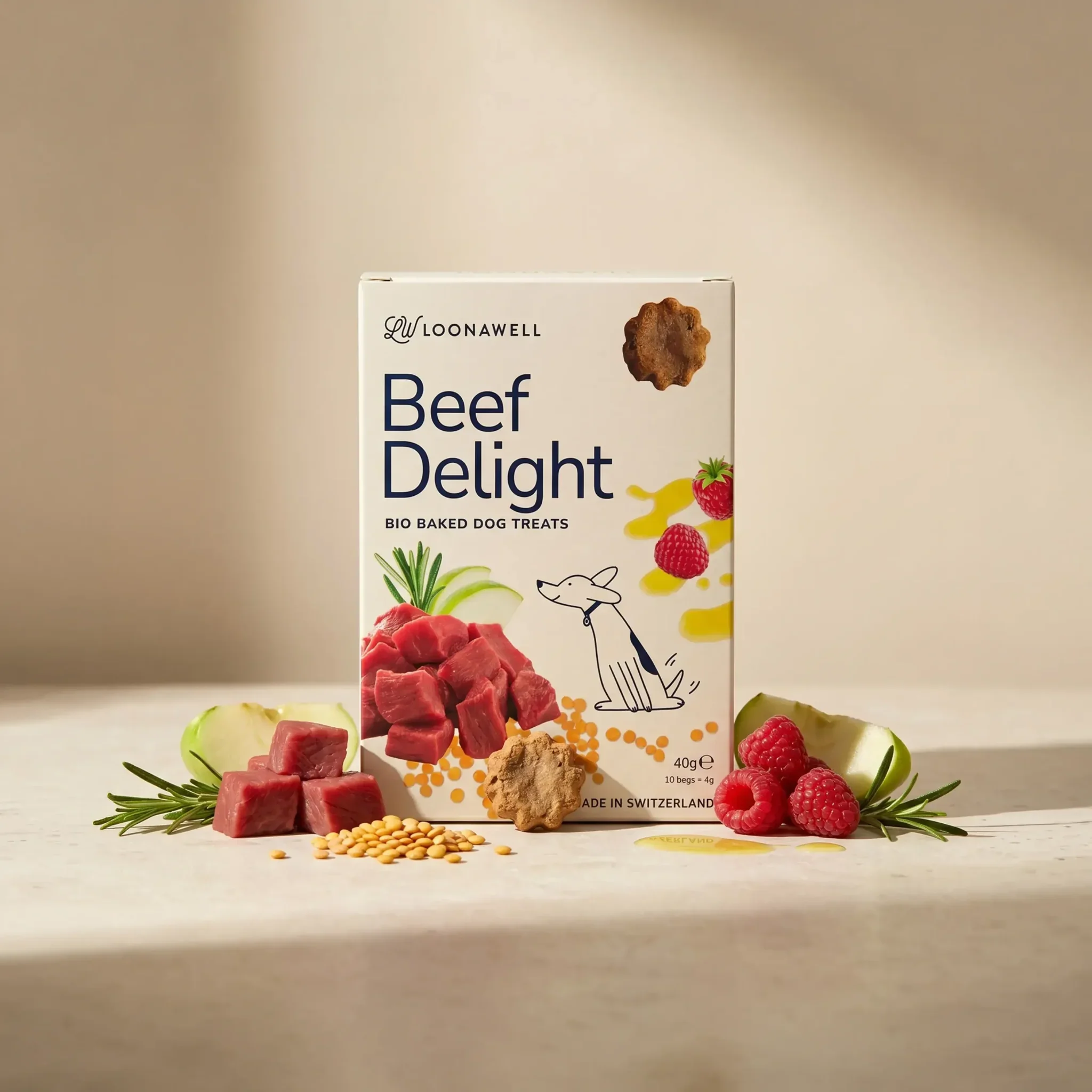 Loonawell Beef Delight Bio Baked Dog Treats – Box mit Zutaten: Rindfleisch, Himbeeren, Zucchini, Linsen, Rosmarin
