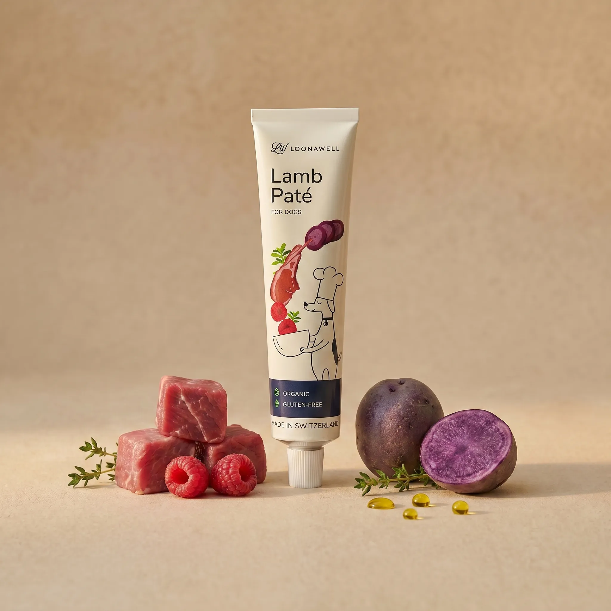 Loonawell Lamb Paté for Dogs – Tube mit Zutaten: Lammfleisch, lila Kartoffel, Himbeeren, Thymian