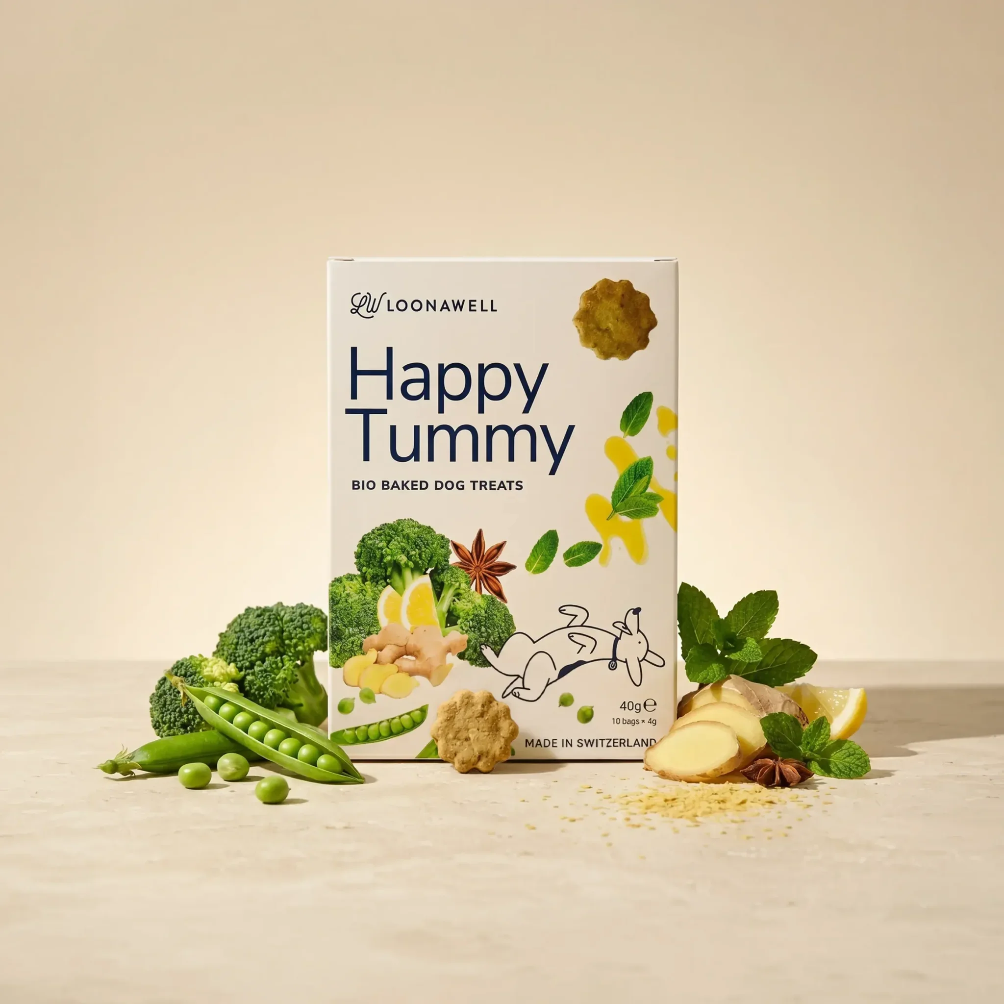 Loonawell Happy Tummy Bio Baked Dog Treats – Box mit Zutaten: Brokkoli, Erbsen, Ingwer, Minze, Sternanis