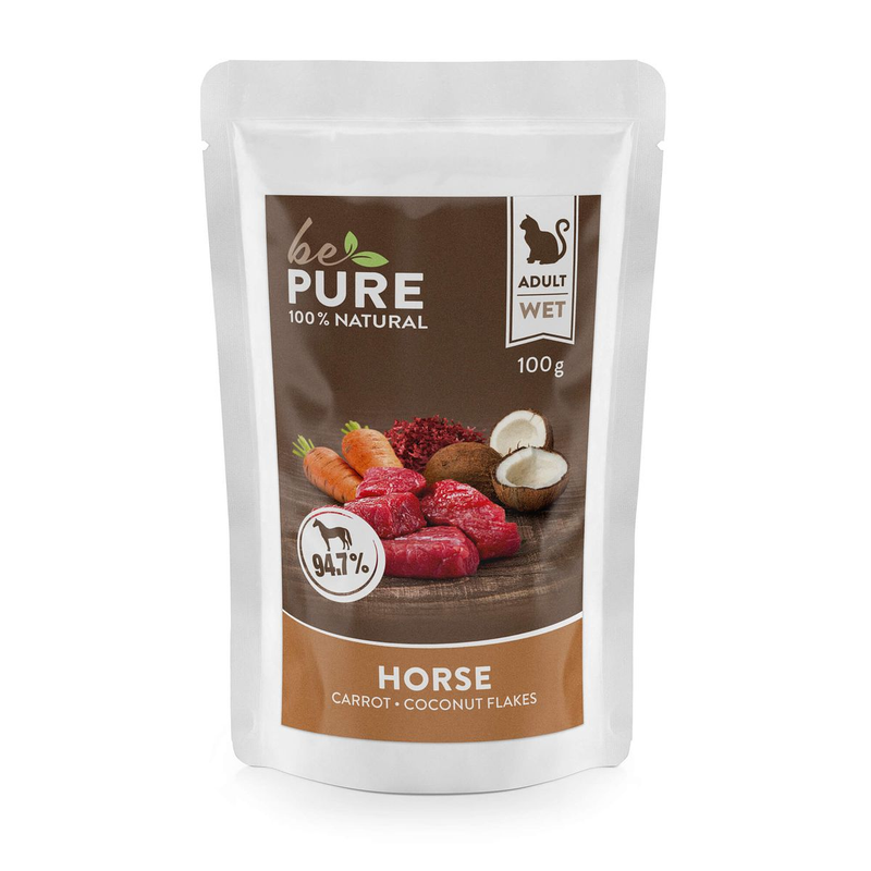 bePure Horse Nassfutter für Katzen – 100g Pouch, Pferd mit Karotten & Kokosflocken